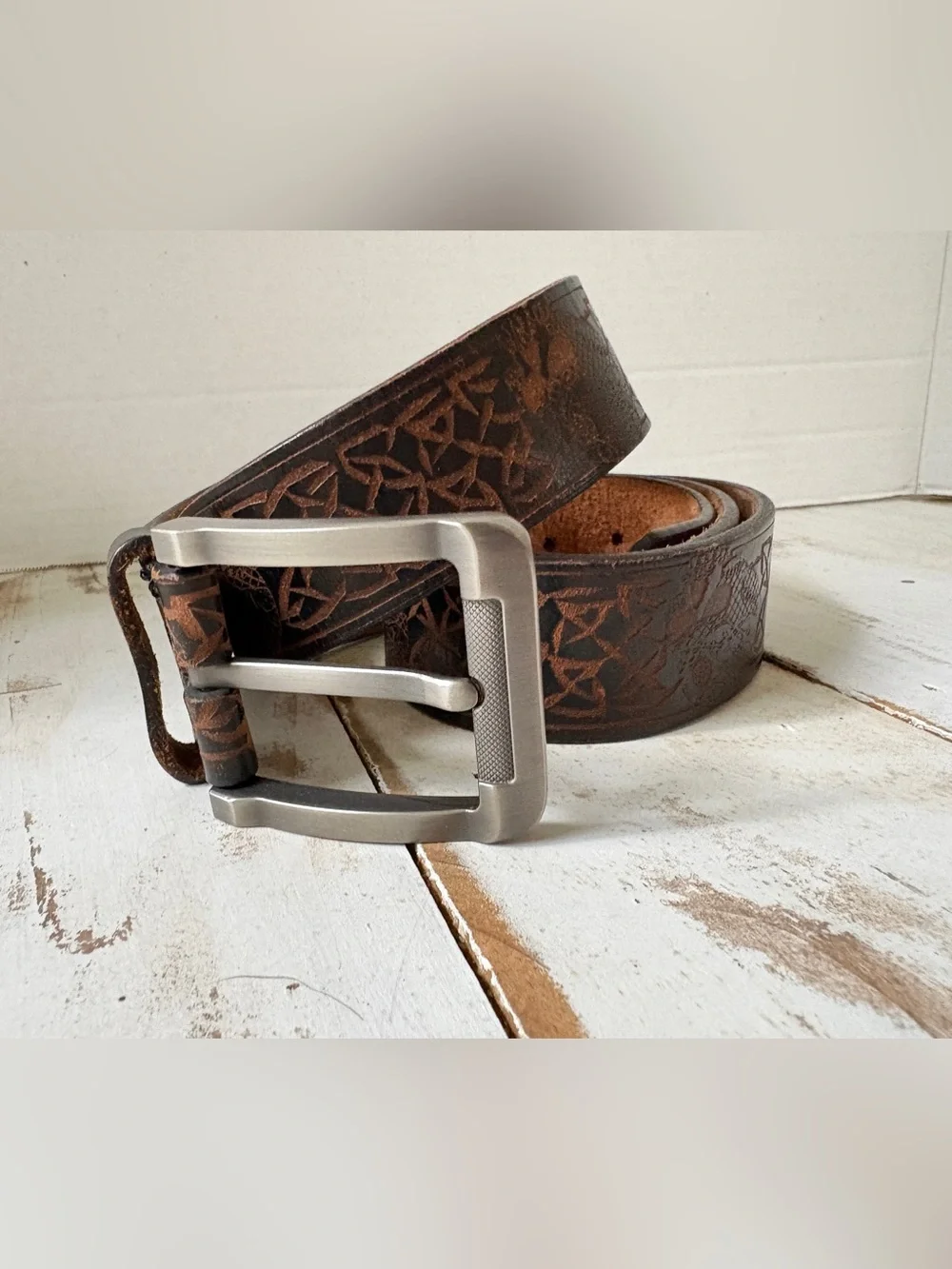 Unique brown black tooled leather belt Celtic knots skulls biker goth men’s 48